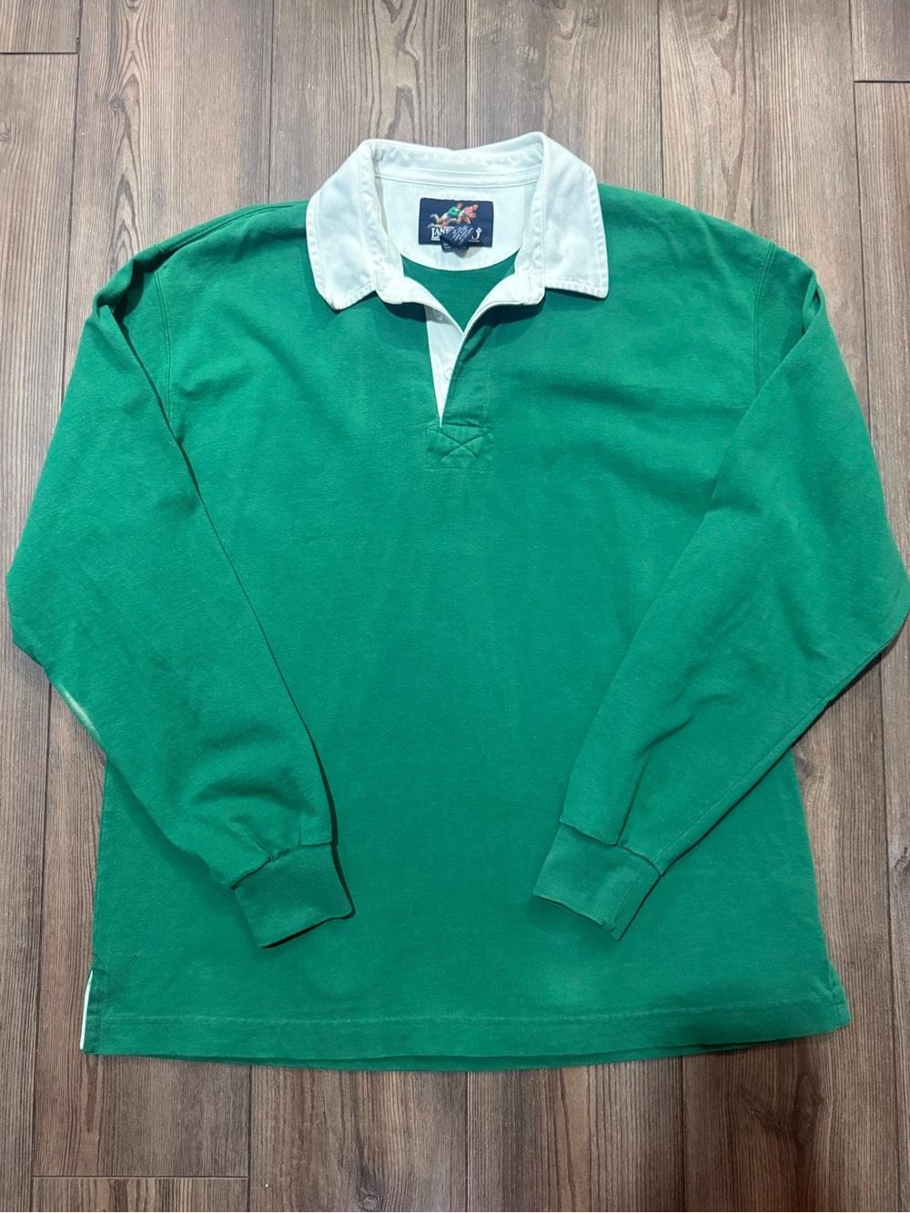 Vintage Lands End Rugby Shirt Green White Heavy Cotton Polo Mens Large